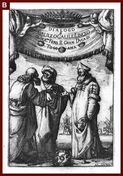 Aristotle, Ptolemy, and Copernicus discussing matters of astronomy beneath Medici family ducal crown and banner. 1632