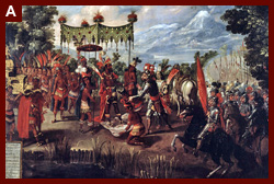 Conquest of Mexico: “The Meeting of Cortés and Montezuma.” Second half of the seventeenth century Mexico