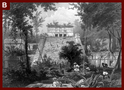 Scene of ancient Mayan Indian monument in the Yucatan Peninsula of Mexico. 1844