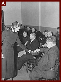 Meeting opens with taking the collection. Army contributes (about one dollar and fifty cents) again, as well as the audience. Salvation Army, San Francisco, Calif. 1939
