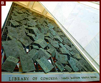 Exterior view. Falling Books, by Frank Eliscu, a four-story relief in bornze over the main entrance. Library of Congress James Madison Building, Washington, D.C. 2007