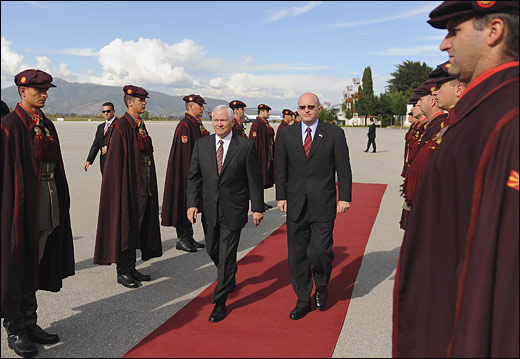 U.S. Defense Secretary Robert M. Gates walks though an honor cordon of Macedonian special guardsman after attending the Southeastern European Defense Ministerial, Oct. 8, 2008, in Ohrid, Macedonia. DoD photo by U.S. Air Force Tech. Sgt. Jerry Morrison