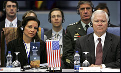 U.S. Defense Secretary Robert M. Gates, right, and Assistant Secretary of Defense for International Security Affairs Mary Beth Long listen to the opening remarks of the Southeastern European Defense Ministerial in Ohrid, Macedonia, Oct. 8, 2008. DoD photo by U.S. Air Force Tech. Sgt. Jerry Morrison