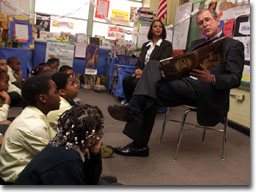 President George W. Bush reads to students at J.C. Nalle Elementary School in Washington, D.C. on February 9, 2001 (WHITE HOUSE PHOTO BY PAUL MORSE)