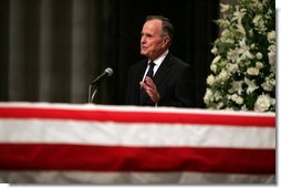 Former President George H.W. Bush delivers a eulogy for former President Ronald Reagan during the funeral service at the National Cathedral in Washington, DC on June 11, 2004.  White House photo by Eric Draper