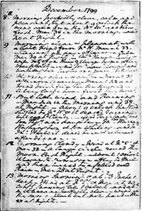 The original manuscript page from the diary Washington kept during 1799, the last year of his life.