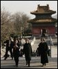 Mrs. Bush is joined by Mrs. Sarah Randt, wife of U.S. Ambassador to China Clark Randt, as they're taken on a tour Sunday, Nov. 20, 2005, of the Ming Tombs in Beijing. White House photo by Shealah Craighead