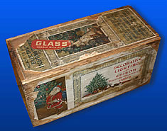 Wooden crate, labeled, "GLASS," and  "Decorative Lighting,"  and with various  color Christmas scenes .