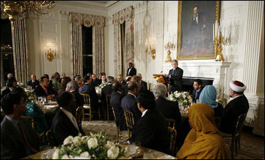 President George W. Bush addresses the Iftaar Dinner with Ambassadors and Muslim leaders in the State Dining Room of the White House, Monday, Oct. 16, 2006. White House photo by Paul Morse