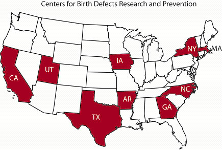 Map of state locations for Centers for Birth Defects Research and Prevention