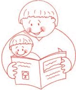 Childlike drawing of a father reading a magazine to a boy.