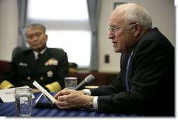 Vice President Dick Cheney delivers a statement during a meeting Wednesday, Feb. 21, 2007, with senior U.S. and Japanese military personnel at Yokosuka Naval Base in Tokyo.  White House photo by David Bohrer