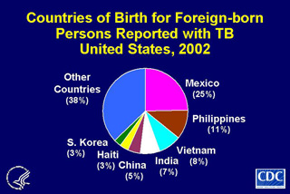 Slide 16: Countries of Birth for Foreign-born Persons Reported with TB, United States, 2002. Click here for larger image