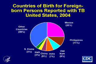 Slide 17: Countries of Birth for Foreign-born Persons Reported with TB, United States, 2004. Click here for larger image
