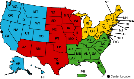 Map of the United States spilt into 4 color coded regions. The symbol star red indicates center location. 