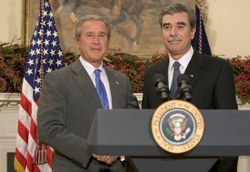 President George W. Bush announces his nomination for Secretary of Commerce, Carlos Gutierrez, in the Roosevelt Room Monday, Nov. 29, 2004. White House photo by Paul Morse