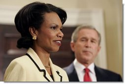 National Security Advisor Condoleezza Rice addresses the media during President George W. Bush's announcement to nominate Dr. Rice as Secretary of State in the Roosevelt Room Tuesday, Nov. 16, 2004.  White House photo by Paul Morse
