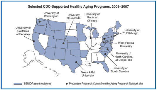 Map shownig which states have selected CDC-supported healthy aging programs, 2003-2007