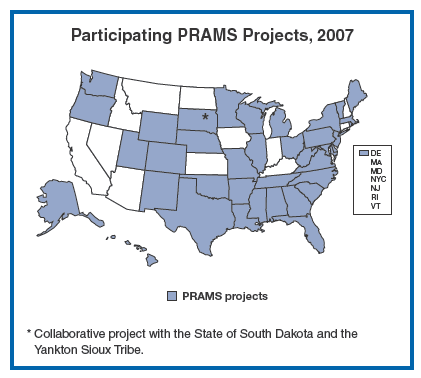Map showing which states participate in the PRAMS project, 2007