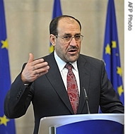 Iraqi Prime Minister Nuri al-Maliki gives a press conference with European Commission Chairman Jose Manuel Barroso (not pictured), 16 Apr 2008