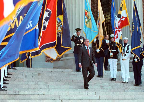 President George W. Bush descends the steps of the National Defense University before his speech about the national defense shield. WHITE HOUSE PHOTO BY PAUL MORSE