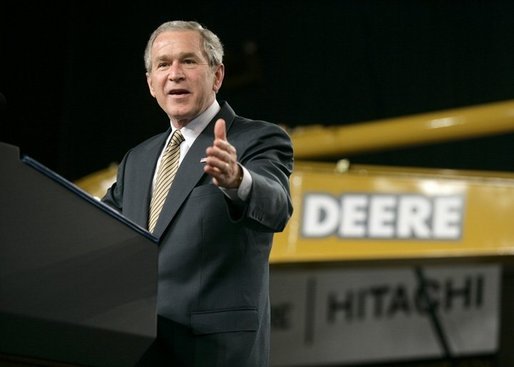 President George W. Bush addresses his remarks on the economy and tax relief to an audience in Kernersville, N.C., following a tour of the John Deere-Hitachi excavator assembly line, Monday, Dec. 5, 2005. White House photo by Eric Draper
