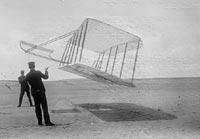 Glider being flown as a kite by Wilbur Wright (left) and Orville Wright (right)