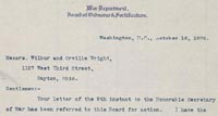 J.C. Bates, U.S. War Department, to Wilbur and Orville Wright, October 16, 1905