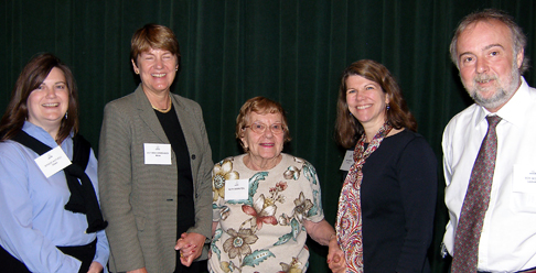 Ruth Boorstin, center, congratulates coordinators from four of the award-winning state centers, from left: Bonnie Matheis (Illinois), Victoria Bonebakker  (Maine), Mary Menzel (California), and Rod Mills (Louisiana).