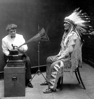 Mountain Chief, a Piegan Indian, has his voice recorded in 1916 by ethnologist Frances Densmore