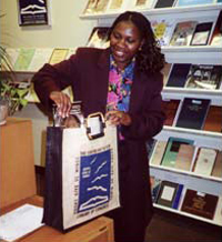 Through the years, the Center for the Book has been a popular stop for international visitors. During her visit on March 26, Ellen Ndeshi Namhila, director of the Namibia Library and International Service, stocked up on Center for the Book publications and promotional materials.