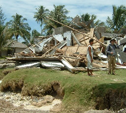 Photo of destroyed house in Sorake Beach, Lagundri Bay, Nias Island.