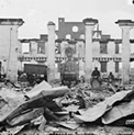 Richmond, Virginia. Ruins of Richmond & Petersburg Railroad depot. (Destroyed locomotive shown)