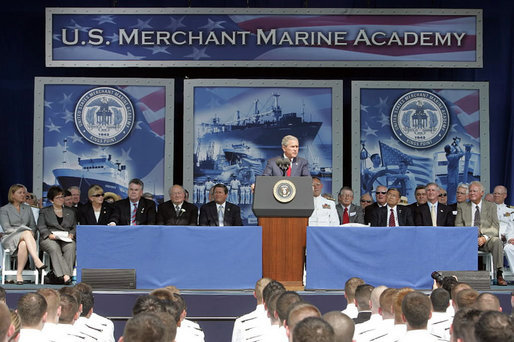 President George W. Bush delivers the commencement address during the graduation ceremony at the United States Merchant Marine Academy at Kings Point, New York, Monday, June 19, 2006. “America has invested in you, and she has high expectations," said President Bush. "My call to you is this: Trust your instincts, and use the skills you were taught here to give back to your nation. Do not be afraid of mistakes; learn from them. Show leadership and character in whatever you do. The world lies before you. I ask you to go forth with faith in America, and confidence in the eternal promise of liberty." White House photo by Kimberlee Hewitt