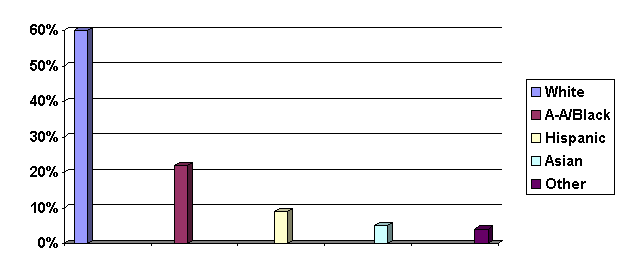 Chart 1: IDA Participant Race/Ethnicity. A Bar Chart showing the breakdown of IDA participants by the following racial/ethnic groups: White (about 60%), African-American/Black (about 22%), Hispanic (about 9%), Asian (about 5%), and Other (about 4%).