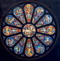 A stained-glass window in the rose design.
