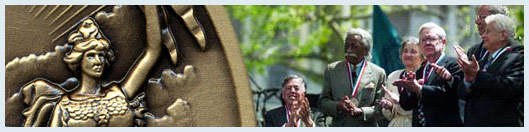 collage image of a close-up of an medal and a group of men wearing medals and clapping