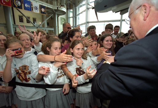 Vice President Dick Cheney shakes hands with students in New Orleans, La., after touring the National D-Day Museum with his wife Lynne Wednesday, April 9, 2003. White House photo by David Bohrer
