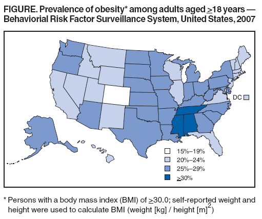 FIGURE. Prevalence of obesity* among adults aged >18 years —
Behaviorial Risk Factor Surveillance System, United States, 2007