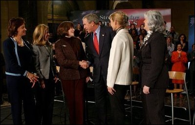 President George W. Bush thanks women business owners for participating in a conversation about the economy at the U.S. Department of Commerce in Washington, D.C., Friday, Jan. 9, 2004. From left, they are: Lurita Doan of Reston, Va.; Maria Coakley David of Falls Church, Va.; Sharon Evans of Fort Worth, Texas; Nancy Connolly of Littleton, Mass.; and Catherine Giordano Virginia Beach, Va. White House photo by Tina Hager