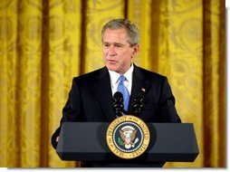 President George W. Bush speaks during the White House ceremony honoring Cinco de Mayo in the East room Wednesday, May 5, 2004. "We value the heritage and the contribution of Mexican Americans in our country, and we respect our friend and neighbor, the great nation of Mexico," said the President in his remarks.  White House photo by Paul Morse
