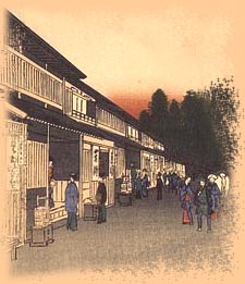 Cut out from an Ukiyo-e image depicting row of houses with people