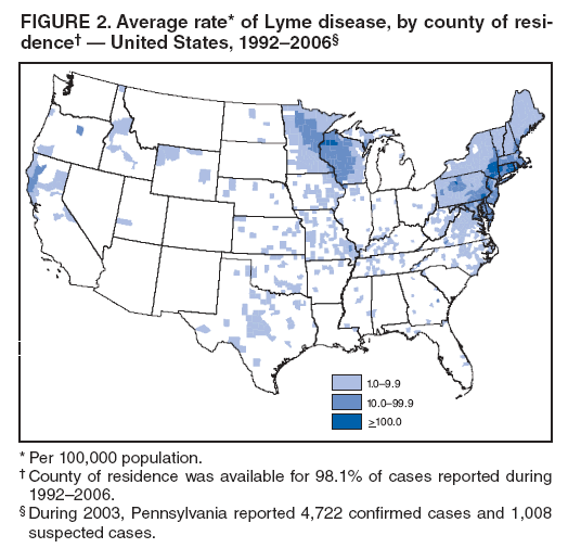 FIGURE 2. Average rate* of Lyme disease, by county of residence†
— United States, 1992–2006§