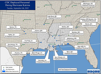 Click for larger image of map of CDC Deployed Personnel