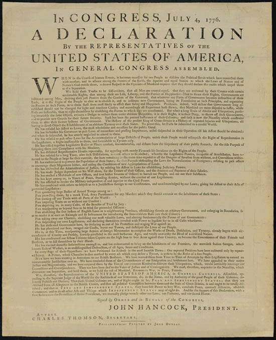 In Congress, July 4, 1776, a declaration by the representatives of the United States of America, in General Congress assembled.