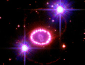Ring of bright pink and white lights, with two stars to either side.