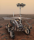 Depiction of a "rover" with wheels and cameras.