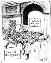 Clarence Batchelor's cartoon "Endle$$ Proce$$ion," ca. 1953, is a cynical comment on aid to France.