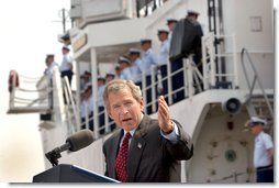President George W. Bush addresses Coast Guard members and Port Authority police officers at Port Elizabeth in New Jersey after touring the facilities Monday, June 24. White House photo by Eric Draper.