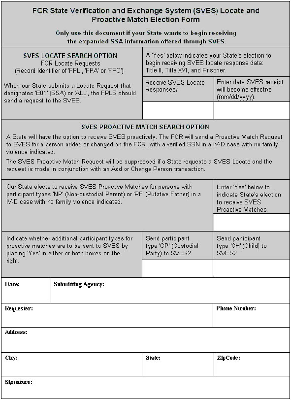 Figure 1-1: FCR State Verification and Exchange System (SVES) Locate and 
Proactive Match Election Form 